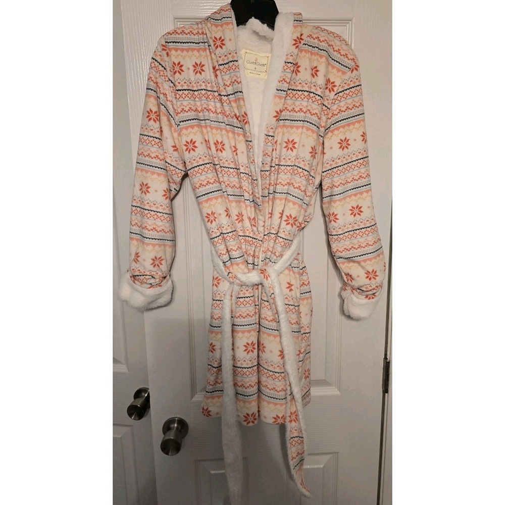 CUDDLE DUDS Plush Hodded Bath Robe Womens Size Small Faux Fur White Pink Soft